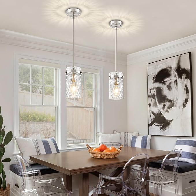 3 Pack Brushed Nickel Pendant Lights Kitchen Island, Modern Hammered Glass Pendant Lighting Over Island Hanging Bathroom Light Fixtures Adjustable Mini Pendant Light for Hallway Entryway Dining Room