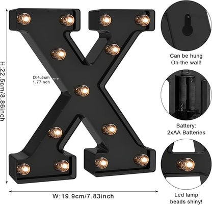 Foaky Black LED Letter Lights for Room Decor - Bedroom Wall Decor, Alphabet Lights for Home, Wedding, Party - Battery Operated （X）