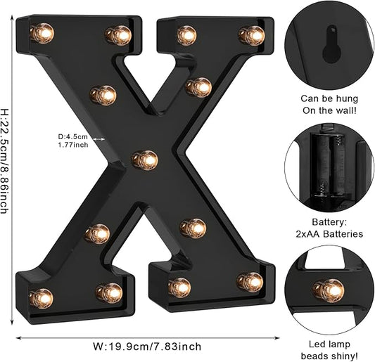 Foaky Black LED Letter Lights for Room Decor - Bedroom Wall Decor, Alphabet Lights for Home, Wedding, Party - Battery Operated （X）