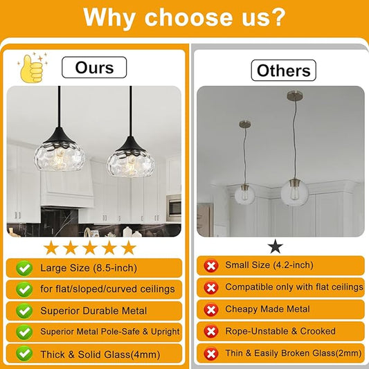Modern Pendant Lights Kitchen Island, Matte Black Pendant Light Fixtures with 8.5" Clear Hammered Glass Shade, Industrial Hanging Pendant Lights Fixture for Kitchen Island Dining Room Entryway 1 Pack