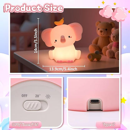Attivolife Elephant Night Light for Kids, Cute Elephant Nursery Silicone Lamp, Rechargeable Animal Themed Room Bedside Decor Nightlight with Dimmable Timer, Gifts for Toddler Girl Teen Birthday Xmas