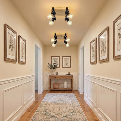Farmhouse Flush Mount Ceiling Light with Pull Chain,4-Light Directional Ceiling Spotlight Rustic Track Light Kits, Wood Pull String Light Fixtures for Kitchen Bathroom Bedroom Hallway