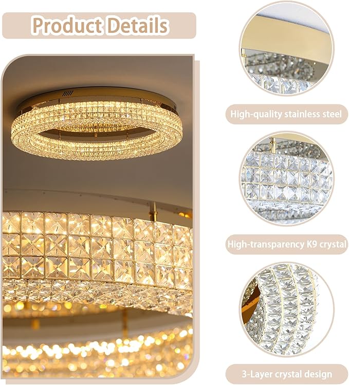 ykolupty 40'' Crystal Chandelier for Living Room Large Chandeliers for Living Room Crystal Flat Mounted Ceiling Lights Dining Room Bedroom Dimmable 2700-6000K (Gold Chandelier)