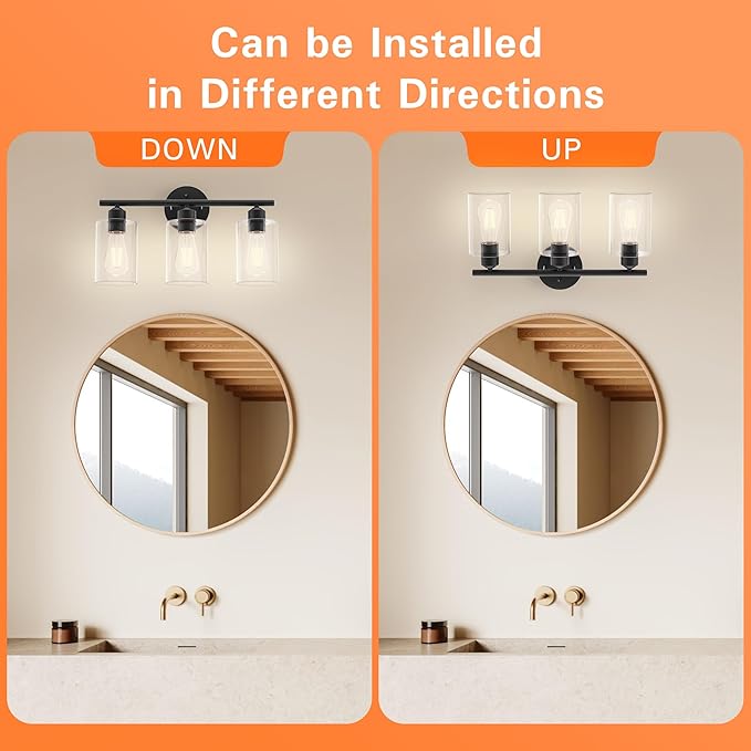 Bathroom Vanity Light Fixtures Matte Black Bathroom Lighting Fixture, 3 Lights Bathroom Light Fixture Over Mirror, Modern Black Vanity Light, UL Certified Wall Sconces with Glass Shades