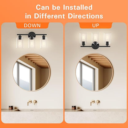 Bathroom Vanity Light Fixtures Matte Black Bathroom Lighting Fixture, 3 Lights Bathroom Light Fixture Over Mirror, Modern Black Vanity Light, UL Certified Wall Sconces with Glass Shades