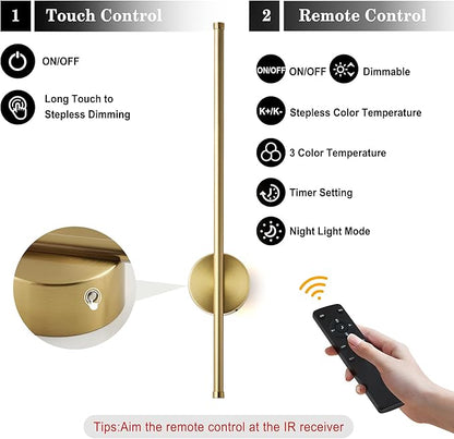 Battery Operated Modern Wall Sconces Set of Two,Rechargeable Wireless Wall Lights with Remote Control,Dimmable,3CCT,Timer,360°Rotation,Cordless Lighting for Bedroom,Living Room,Hallway,Brass,23.6 Inch