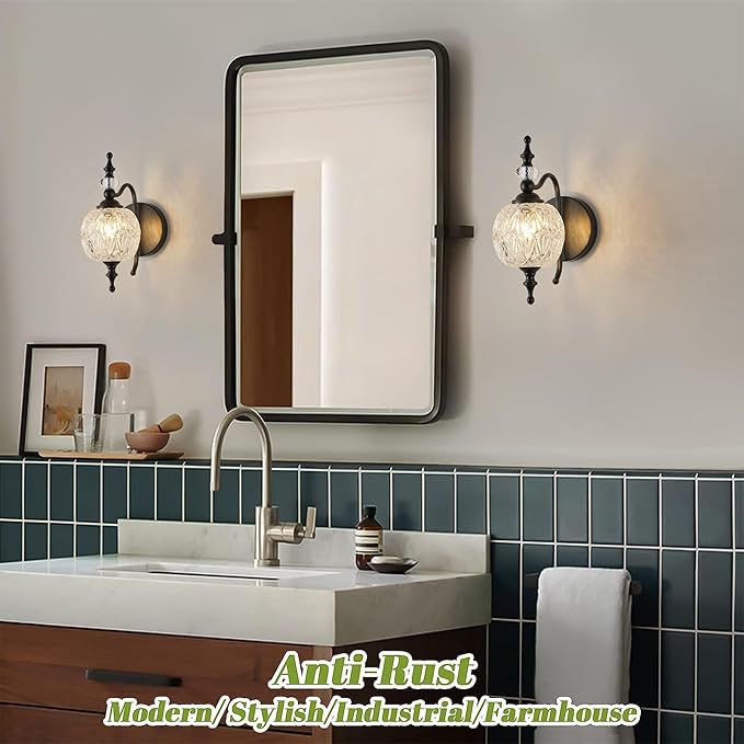 Black 1-Light Wall Light Fixtures with Crystal Glass Shade Vintage Bathroom Wall Sconces Retro Bathroom Vanity Light Fixtures for Bedroom Living Room Farmhouse