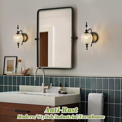Black 1-Light Wall Light Fixtures with Crystal Glass Shade Vintage Bathroom Wall Sconces Retro Bathroom Vanity Light Fixtures for Bedroom Living Room Farmhouse