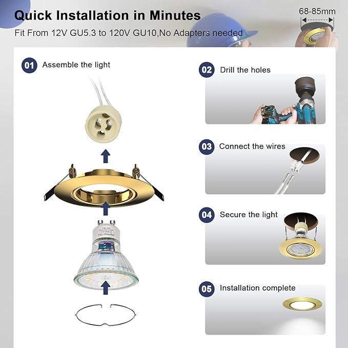 6 Pack Spotlight Fixtures Gu10 Recessed Frame Spotlight, Compatible with MR16 GU5.3 Bulbs, Adjustable Light Fitting for Cabinet Kitchen, Gold