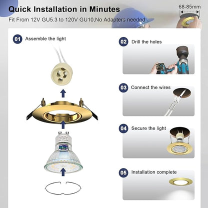 6 Pack Spotlight Fixtures Gu10 Recessed Frame Spotlight, Compatible with MR16 GU5.3 Bulbs, Adjustable Light Fitting for Cabinet Kitchen, Gold