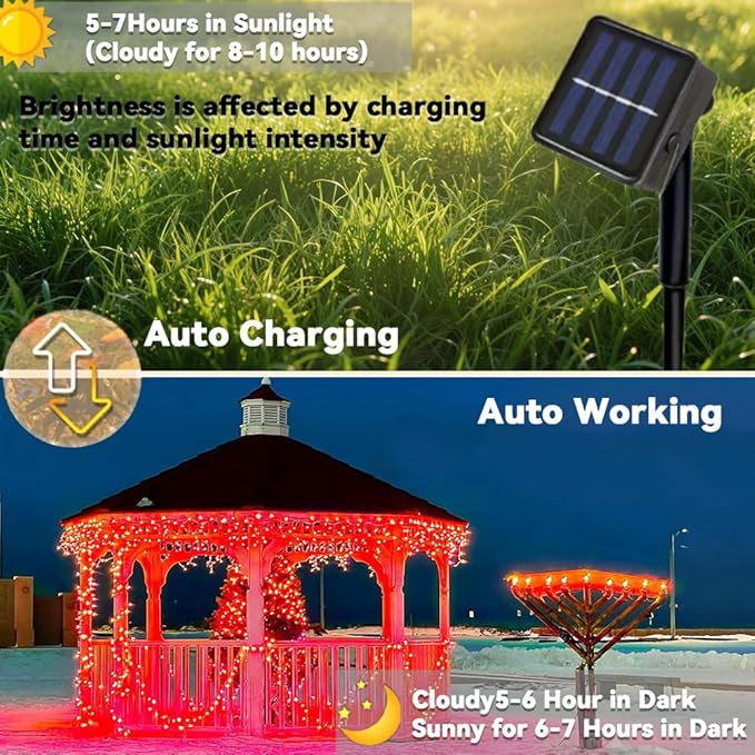 2 Pack Solar String Lights Outdoor, Total 100 LED Each 20Ft with 8 Lighting Modes for Yard, Fence,Balcony, Party,Christmas Tree Decorations (Red Light)