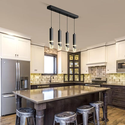 Modern LED Pendant Lighting Fixture 48-Watt 4 Light Black Kitchen Island Chandelier Dimmable Kitchen Light Fixtures Perfect for Dining Room Hanging Island Lighting Crystal Bubble Pendant Lights