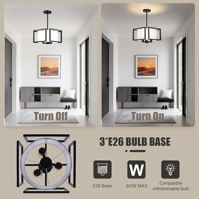 FRIDEKO HOME Flush Mount Ceiling Light Fixture - 3-Light Modern Semi Flush Mount Ceiling Light with Fabric Shade Black Metal Frame Drum Ceiling Lights for Bedroom Hallway Kitchen Living Room Entryway