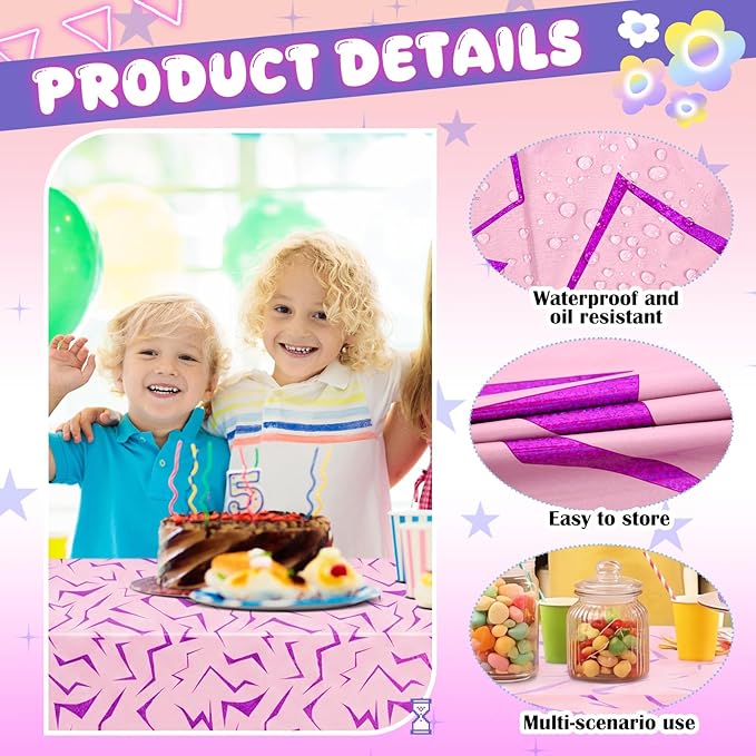 Oudain 4 Pcs Kpop Theme Purple & Pink Lightning Crack Print Holographic Party Tablecloth 54 x 108 Inch Disposable Rectangle Table Cover for Anime Korean Kpop Theme Birthday Decoration