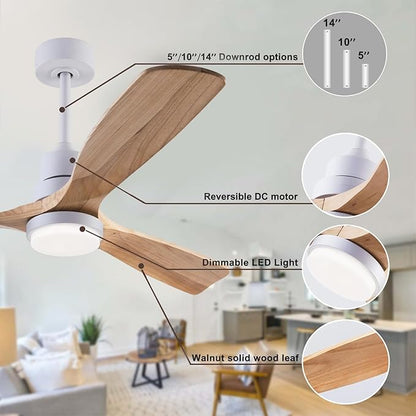 48" Wooden Ceiling Fans with Lighted Remote Control, Indoor Outdoor Wooden Ceiling Fan, Outdoor Modern Ceiling Fan with 3 Fan Blades for Patio, Living Room, Farmhouse, etc (White + Wood Color)…