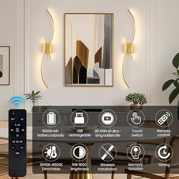 CANEOE Battery Operated Wall Sconce Set of 2, 18000mAh Gold Rechargeable Wall Lights with Remote Control,3000K-6000K Dimmable LED Wireless Wall Light for Living Room Bedroom Hallway,39.3 Inch (Gold)