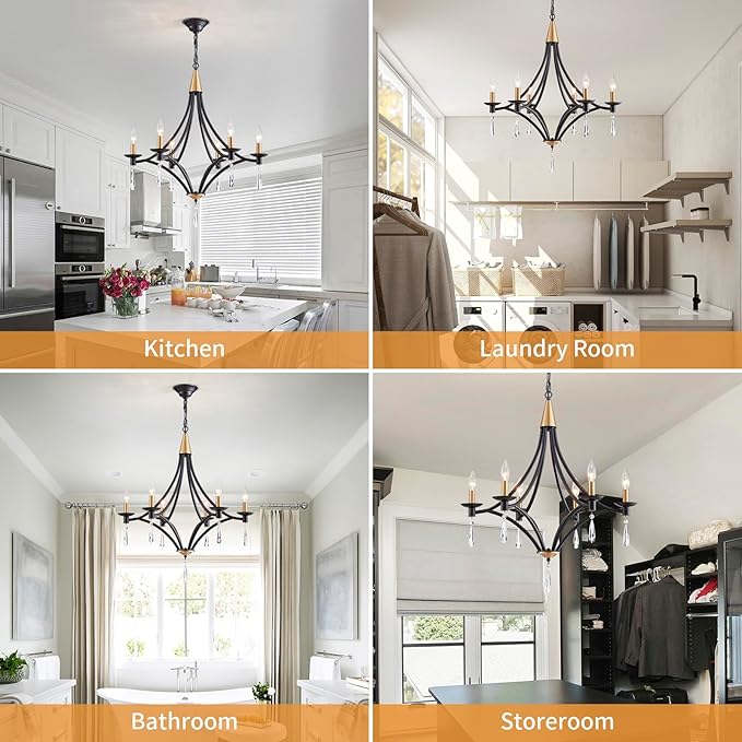 Modern Crystal Chandelier, 6-Lights Black and Gold Farmhouse Chandeliers for Dining Room Light Fixtures Hanging, Modern Black Pendant Light for Bedroom Foyer Living Room Kitchen Island Entryway Office