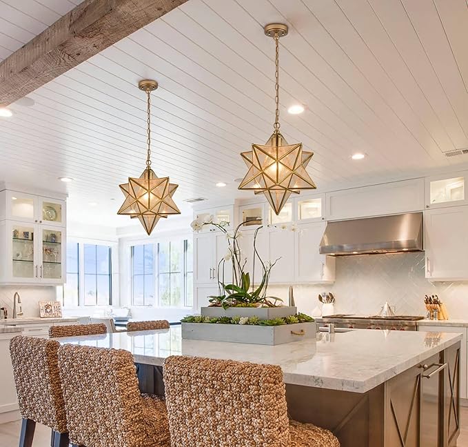 DAYCENT Brass Moravian Star Pendant Lighting Seeded Glass Pendant Lights 13 1/2 inches