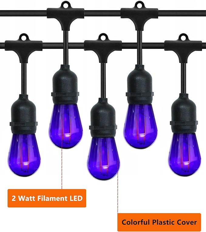 15 Pack S14 LED String Light Bulbs, Shatterproof 2 Watt Purple Replacement Bulbs for Outdoor String Light, Waterproof Decorative E26 Base Purple Filament Halloween Edison Lights, 120V