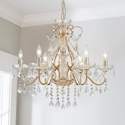 Saint Mossi 6 Light Crystal Chandelier Light Fixture Modern Chandelier Crystal Lighting, French Gold Crystal Raindrop Chandelier for Dining Room,Bedroom,Living Room, H23 x D24