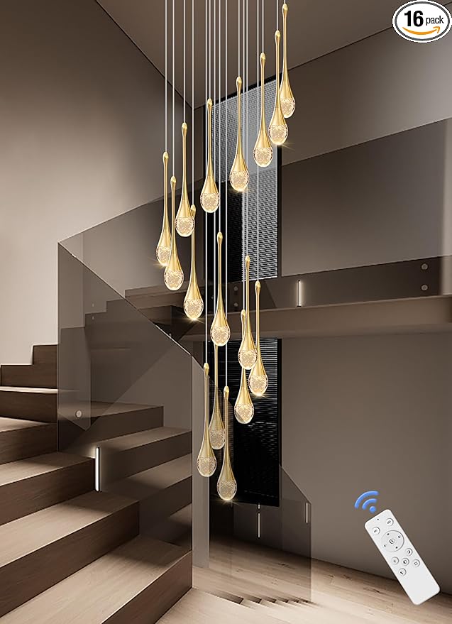 ykolupty Modern Crystal Chandeliers LED Dimmable Stairwell Chandelier Gold Teardrop Chandelier Large Pendant Light for Entryway Foyer Living Room