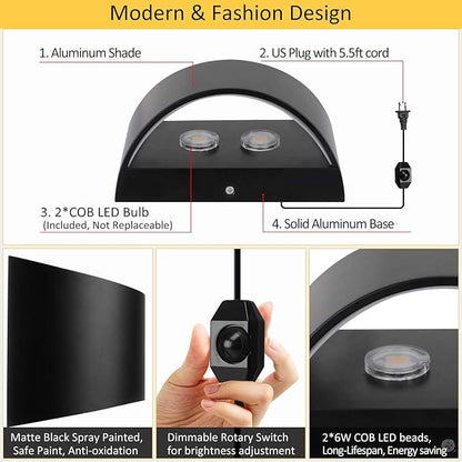 Lightess Wall Lamp Plug in 12W Modern LED Wall Lights Dimmable Indoor Up Down Wall Lamp for Bedroom Living Room Hallway, Black, Warm White