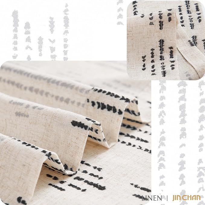 jinchan Boho Kitchen Curtains Linen Tier Curtains 36 Inches Bohemian Cafe Small Drapes Striped Mudcloth Farmhouse for Bathroom RV Camper Light Filtering Rod Pocket 2 Panels Black on Beige