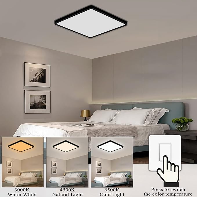 LED Ceiling Light 2 Pack, Color Temperature Switchable 36W Square Ceiling Mount Light Fixture (Black, 12 inches)