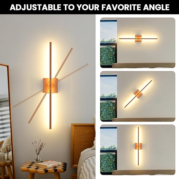 LED Battery Operated Wall Sconces, 11000mAh Faux Wood Texture Finish Wireless Wall Lights with Remote, 350°Rotate Dimmable Wall Lamp 3 Color Temperatures, for Bedroom Living Room Hallway, 2 Pack