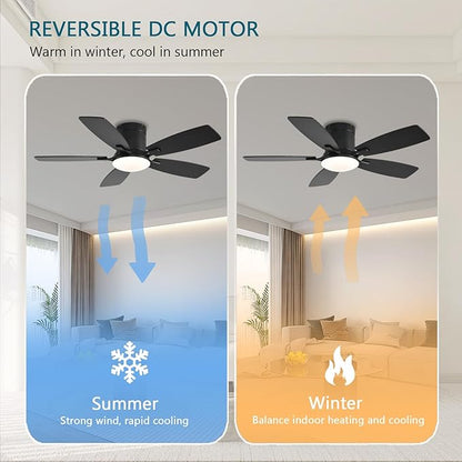 Ayaoty Ceiling Fans with Lights, 42 inch Low Profile Ceiling Fan with Light and Remote Control, Flush Mount, Reversible Motor, Dimmable, Noiseless, Black Ceiling Fan for Bedroom, Indoor/Outdoor Use