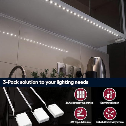 BestLuz Battery Powered LED Strip Lights, 3 Pack 40 Inch Cordless White LED Light Strips for Shelves and Under Cabinet Indoor Use, Battery Operated LED Strip Lights, Cool White 6500K