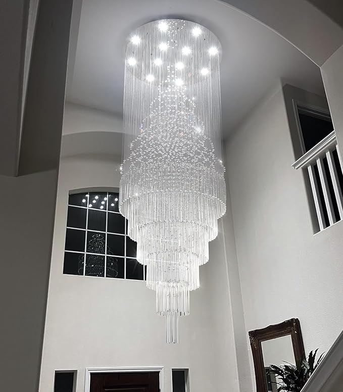 HAIXIANG W32 x H100 Glam Chandelier with LED Bulbs Crystal Raindrop High Ceiling Pendant Light for Entrance Large Villa Chandelier Foyer Lighting Fixtures Silver