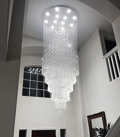 HAIXIANG W32 x H100 Glam Chandelier with LED Bulbs Crystal Raindrop High Ceiling Pendant Light for Entrance Large Villa Chandelier Foyer Lighting Fixtures Silver