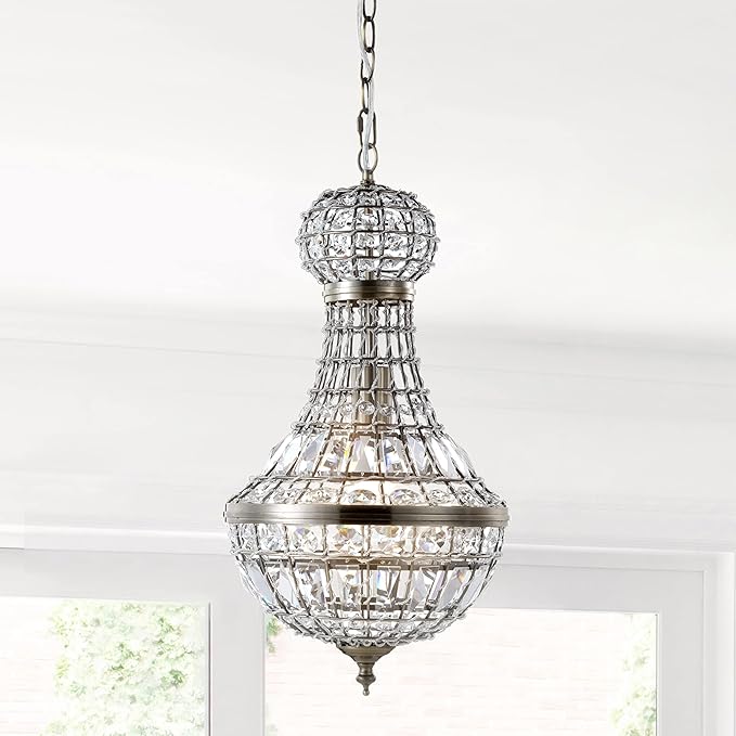 JONATHAN Y 10" Antique Brass Regina Empire LED Pendant Light, Glam Adjustable Hanging Chandelier for Dining Room Kitchen Foyer, Clear Crystal Shade, LED Bulb Included JYL6108A