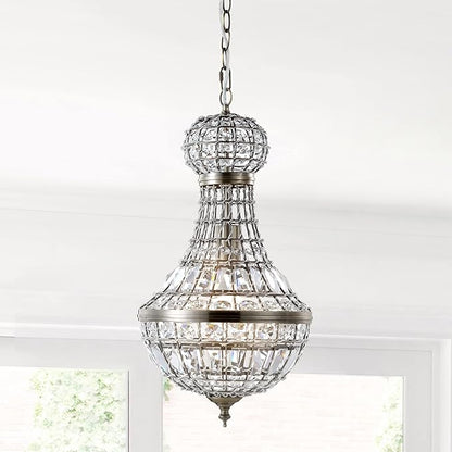 JONATHAN Y 10" Antique Brass Regina Empire LED Pendant Light, Glam Adjustable Hanging Chandelier for Dining Room Kitchen Foyer, Clear Crystal Shade, LED Bulb Included JYL6108A