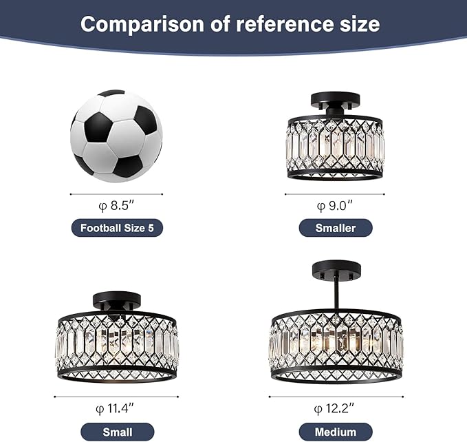 Pevfah Crystal Black Ceiling Light, Modern Semi Flush Mount Ceiling Lighting Fixture, Round Hallway Lighting Fixtures Chandelier for Kitchen Entryway Bedroom Dining Room, 3-Light, 12.2 Inch