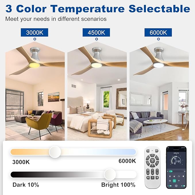 DLLT 42-Inch Ceiling Fans with Lights: Flush Mount Ceiling Fan 3 Blades for Indoor Outdoor - Dimmable Ceiling Fan with Remote APP Control Quiet DC Motor for Low Profile Bedroom