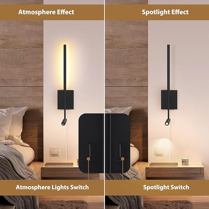 Modern Plug in Wall Sconce Indoor Wall Light Set of two for Bed, Corded Minimalist Bedside Linear Wall Sconce With Switch, Adjustable Black Wall Mount lamp for Living Room Bedroom Hallway Reading etc
