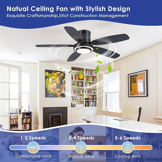 Hounberi 50 Inch Low Profile Ceiling Fans with Lights and Remote, Modern Flush Mount Black Ceiling Fan, 3CCT, Dimmable, Quiet DC Reversible Motor, for Bedroom Living Room Indoor/Outdoor Use