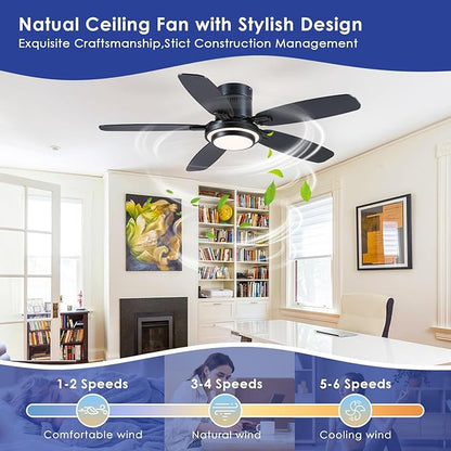 Hounberi 50 Inch Low Profile Ceiling Fans with Lights and Remote, Modern Flush Mount Black Ceiling Fan, 3CCT, Dimmable, Quiet DC Reversible Motor, for Bedroom Living Room Indoor/Outdoor Use