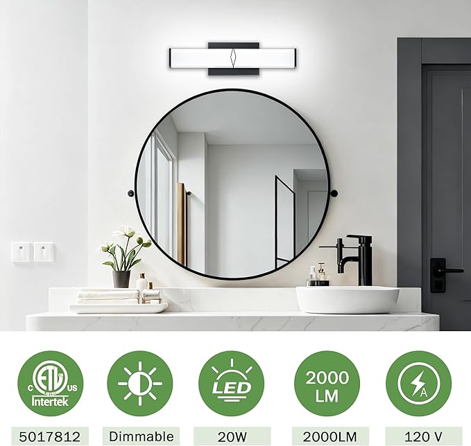 16 Inch Bathroom Vanity Light 2000LM, 5700K Daylight White Modern Bathroom Light Dimmable, AC 120V 20W Matte Black LED Vanity Lighting Fixtures Wall Sconce ETL Certified, 2Pack
