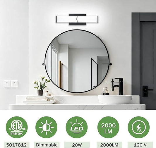 16 Inch Bathroom Vanity Light 2000LM, 5700K Daylight White Modern Bathroom Light Dimmable, AC 120V 20W Matte Black LED Vanity Lighting Fixtures Wall Sconce ETL Certified, 1Pack