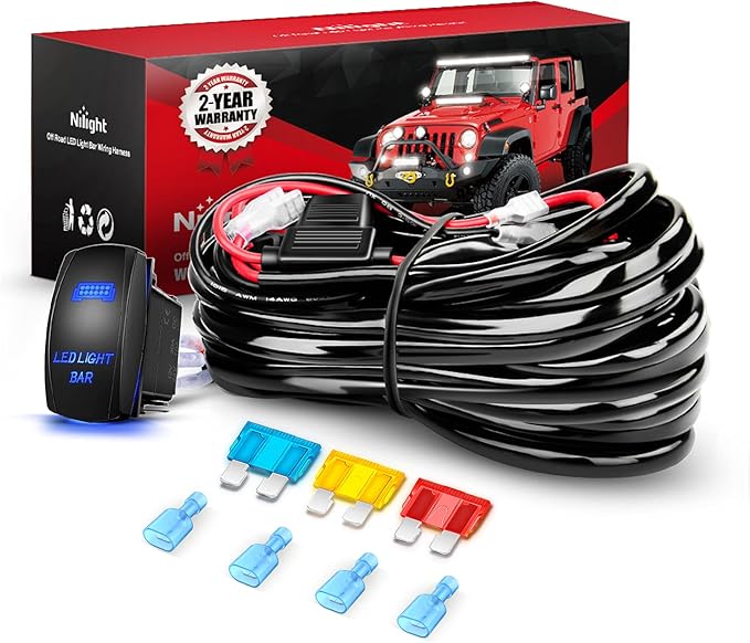 Nilight - 10015W - NI-WA 09 LED Light Bar Wiring Harness Kit 14AWG Heavy Duty 12V 5Pin Rocker Switch Laser On off Waterproof Switch Power Relay Blade Fuse-2 Leads,2 Years Warranty