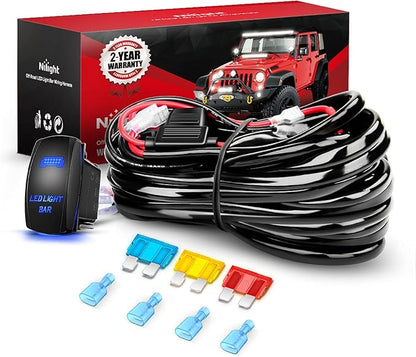 Nilight - 10015W - NI-WA 09 LED Light Bar Wiring Harness Kit 14AWG Heavy Duty 12V 5Pin Rocker Switch Laser On off Waterproof Switch Power Relay Blade Fuse-2 Leads,2 Years Warranty