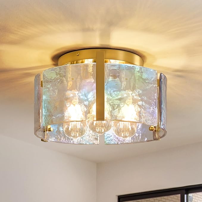 Brushed Gold Semi Flush Mount Ceiling Light Fixture, 14.1'' Modern Drum Glass Hallway Ceiling Light Fixtures, Mid Century Kitchen Lights for Entryway Foyer Dining Room Table Bathroom Bedroom Laundry