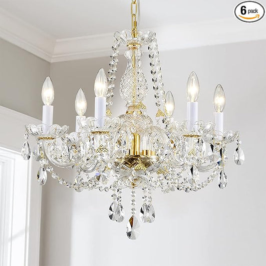 AGV LIGHTING CH003 K9 Crystal Chandeliers, French Classic Style Light Fixture, 6-Lights, D22 x H20, Adjustable Chains 59", Shinny Gold Finish Frame