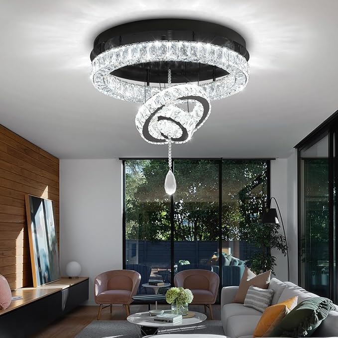 Flashing God Modern Crystal Chandelier Bedroom Chandeliers Flush Mount Ceiling Chandelier Light Fixture for Dining Room Entrance LED Dimmable Black Ring Chandeliers