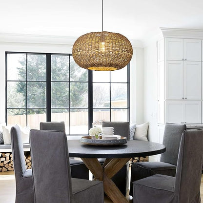 19.7in Rattan Light Coastal Pendant Lights Brown Wicker Hanging Ceiling Chandelier Lighting Fixture for Dining Room Restaurant Kitchen Island Living Room Hallway Yard Bedroom 1-Light