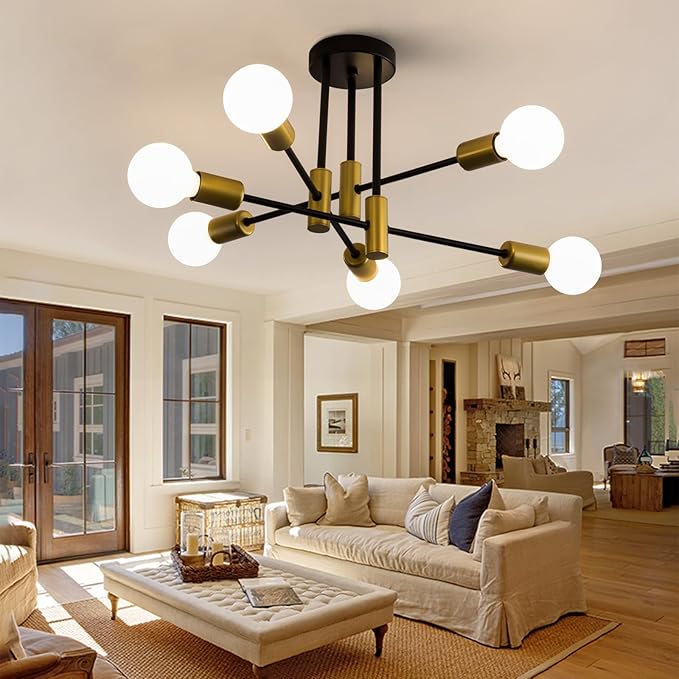 20.5 Inch Black and Gold Sputnik Ceiling Light Fixture 6-Light Black and Gold Sputnik Chandeliers, Mid Century Chandelier Modern Chandelier for Dining Room, Living Room, Bedroom, E26 Base