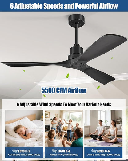 Ceiling Fans With Remote Control, Outdoor Ceiling Fan for Patios Indoor, 3 Downrods, 3 Blades, Timer, 6 Speed Reversible Quiet DC Motor Modern Fan Solid Wood Fan,52in, Matte Black